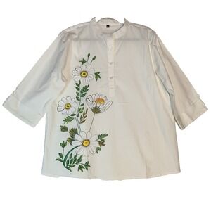 Hand Painted White Cotton Blouse XXL  Floral India Boho Art to Wear 42" NWOT